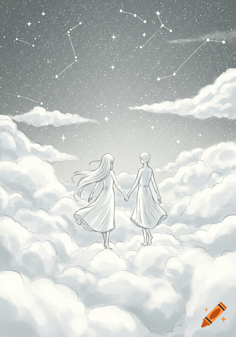 A grayscale sketch of two people holding hands, walking on soft clouds under a starry night sky with visible constellations.