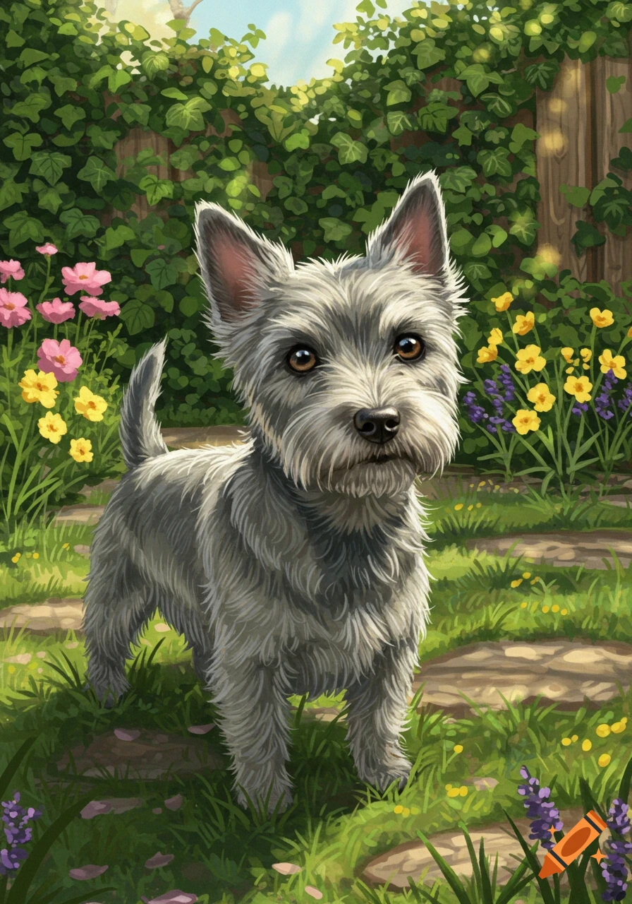 A gray furry terrier mix dog stands on a dirt path in a lush garden with pink, yellow, and purple flowers and a green ivy fence.