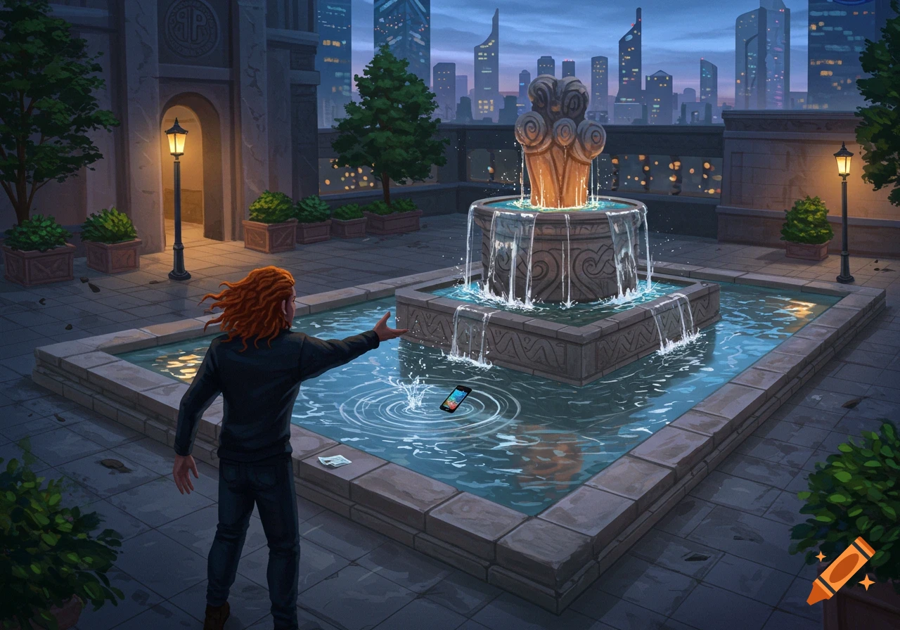 Illustration of a man with long orange hair throwing his phone into a stone fountain at dusk, with a city skyline in the background.
