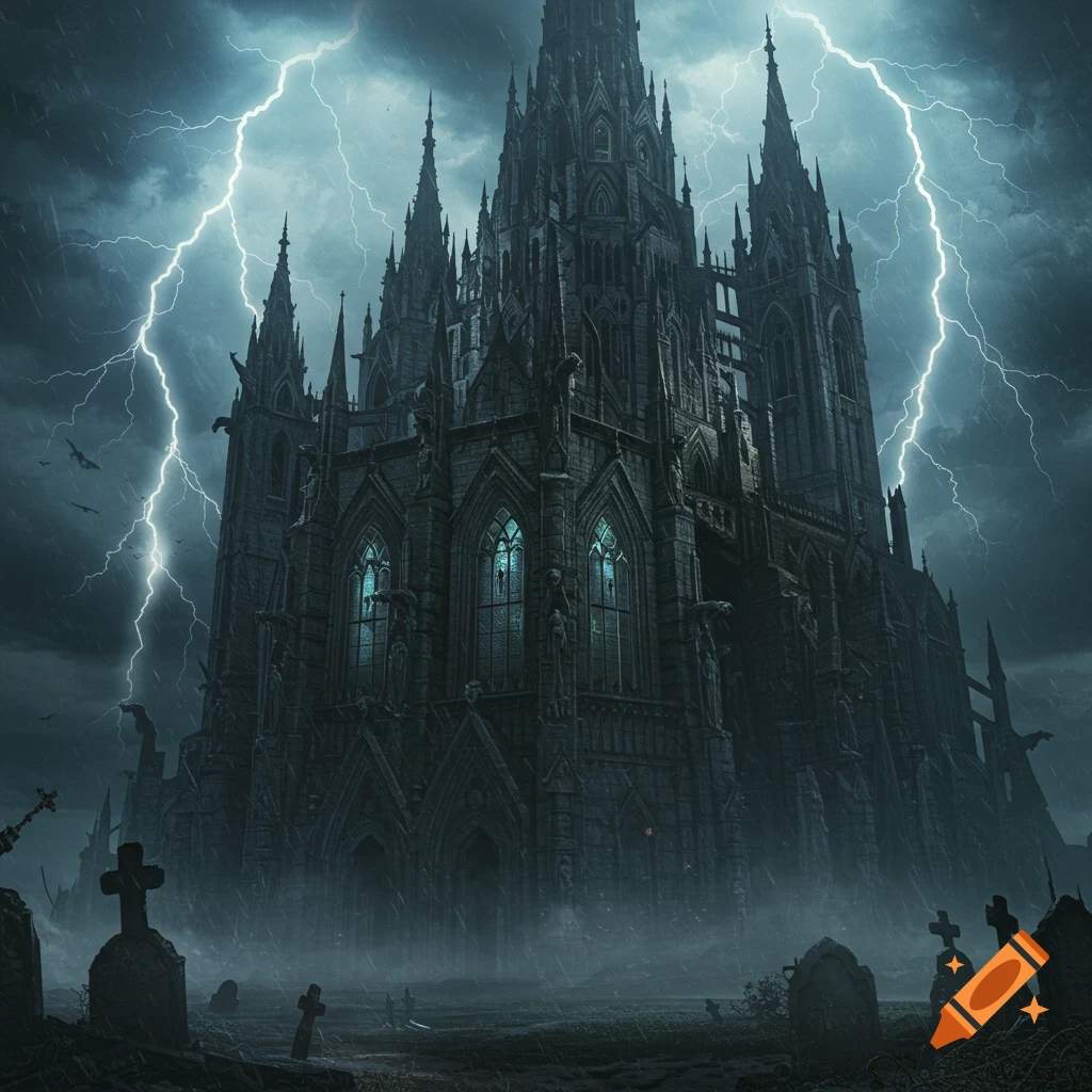 A dark, ornate gothic castle stands amidst a graveyard under a stormy sky with bright lightning.