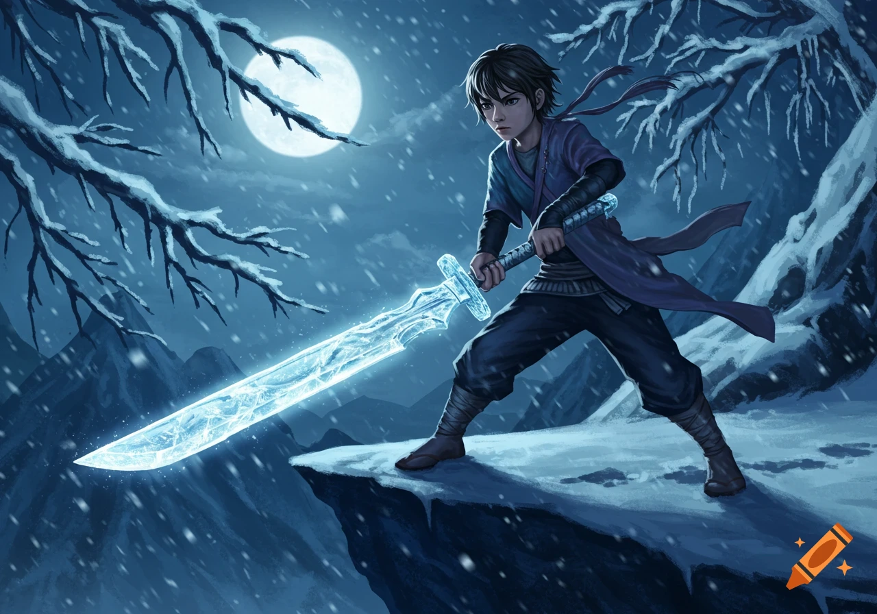 A young character stands on a snowy cliff at night, holding a glowing ice sword. A full moon and bare, snow-covered branches are visible.