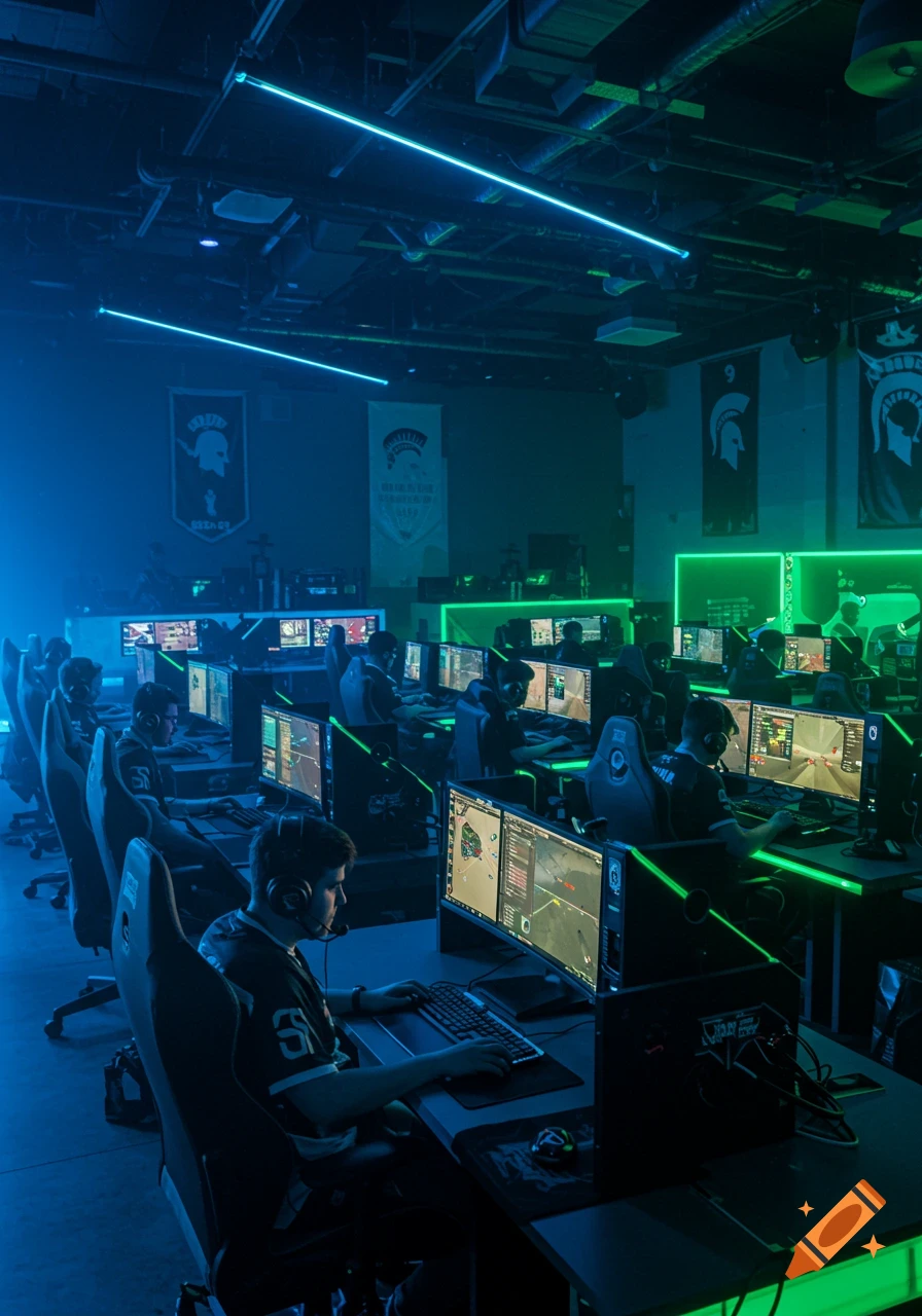 A large esports room with many gamers seated at glowing green and blue stations, playing on multiple monitors. Banners with Spartan helmet logos hang in the background.