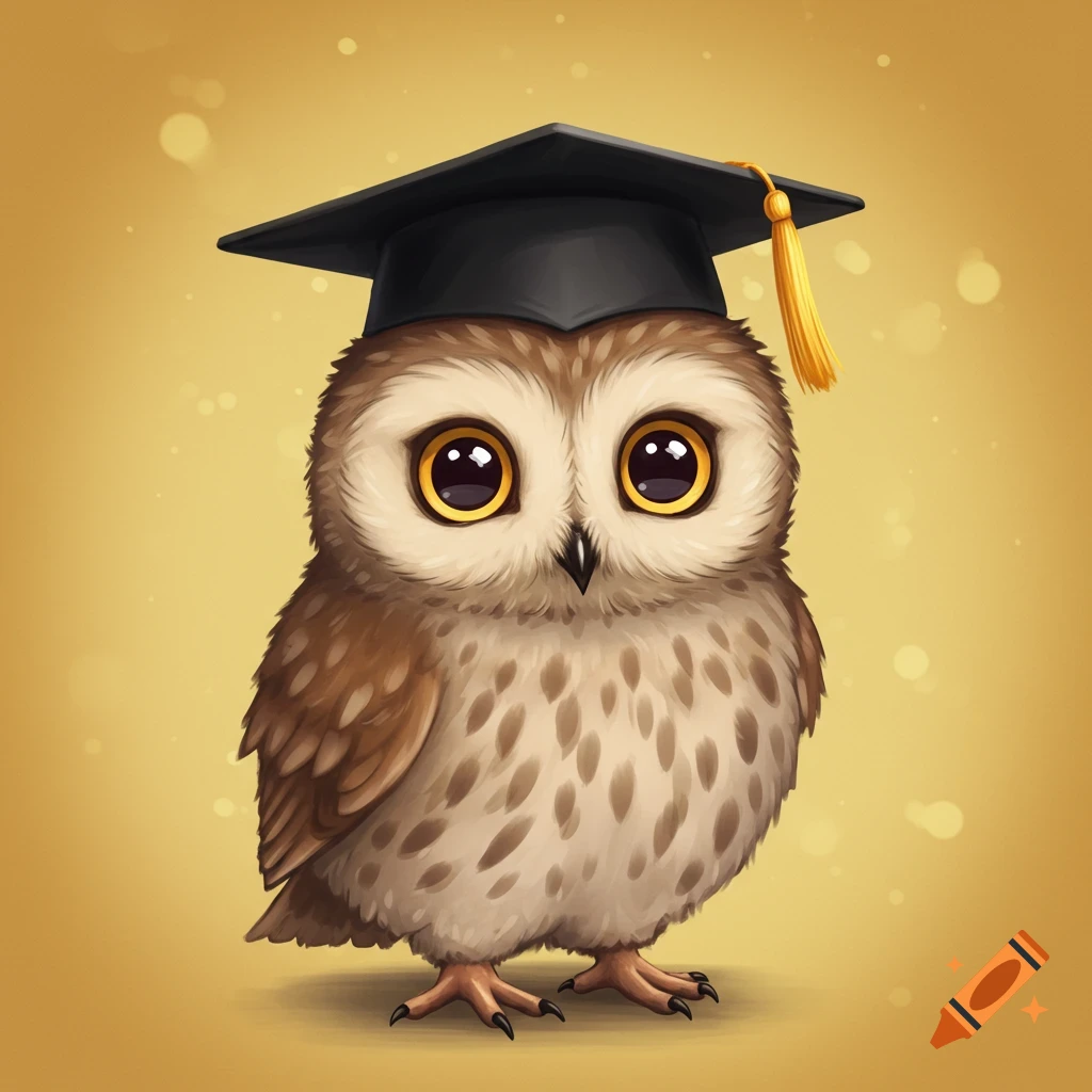 A cute cartoon owl wears a black graduation cap with a gold tassel on a golden background.