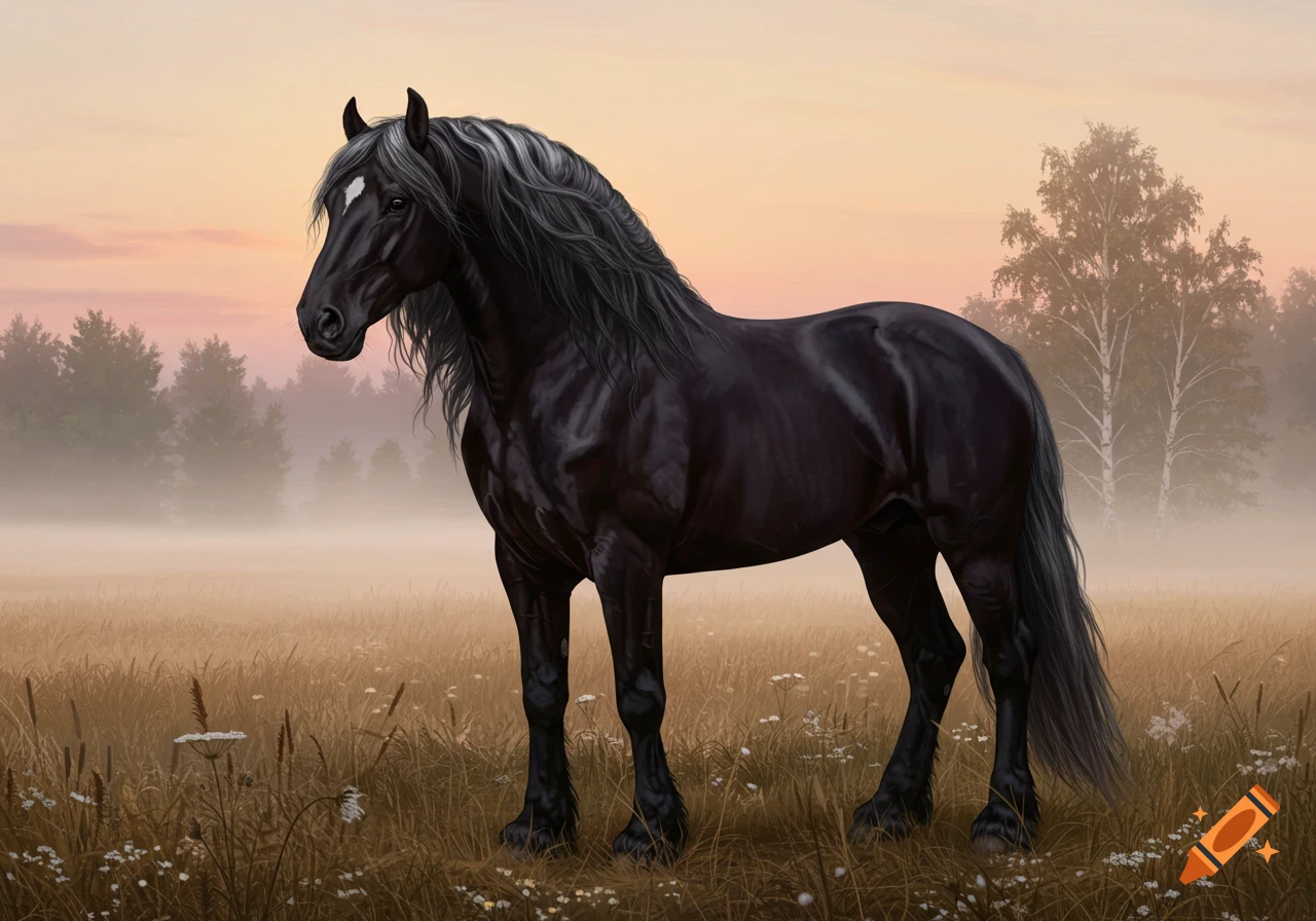 A black horse with a white blaze stands in a misty field at sunrise, with trees in the background.