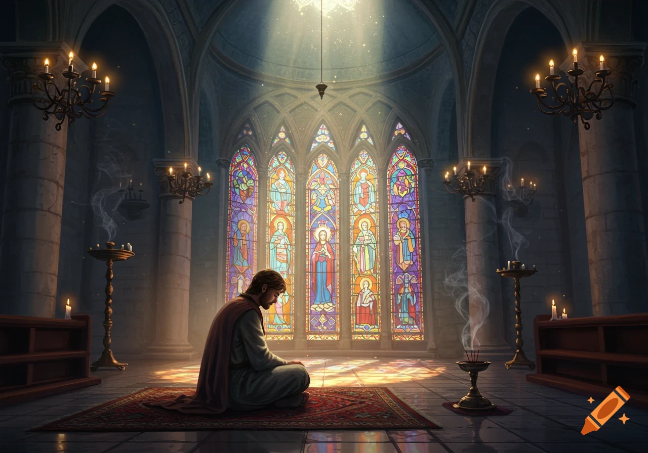 A person kneels in prayer on a rug inside a grand church, bathed in light streaming through vibrant stained-glass windows.