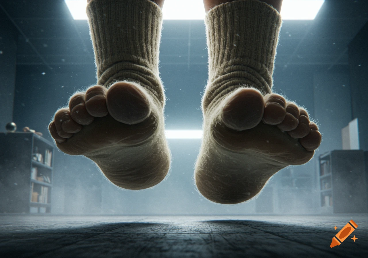 Photorealistic low-angle view of two sock-clad feet hovering above a dusty floor in a dimly lit room.