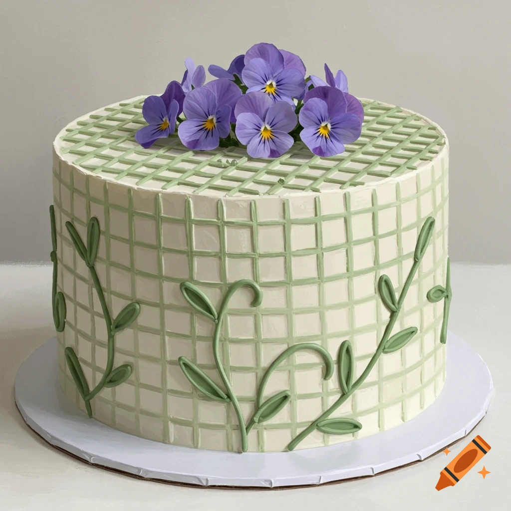 A round white cake with sage green waffle pattern and vines, topped with purple pansies.