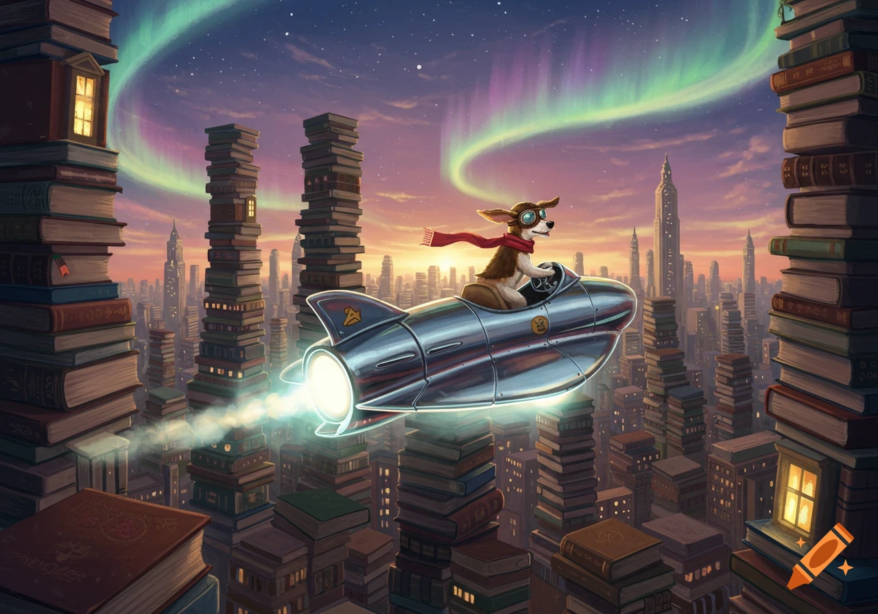 A whimsical illustration of a dog in a rocket flying over a city of towering book stacks under a starry, aurora-lit sky.