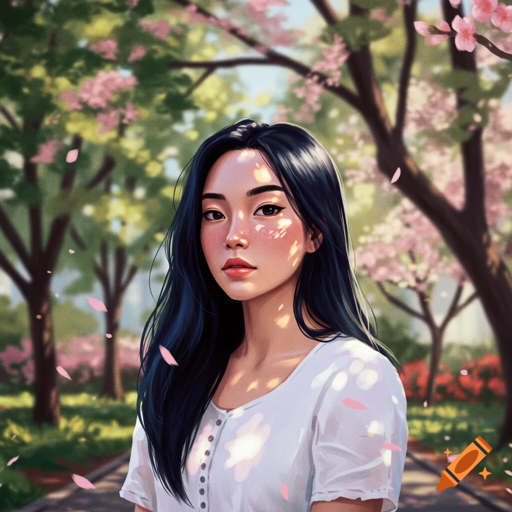 Illustrated portrait of a woman with long dark hair in a park with pink cherry blossoms.