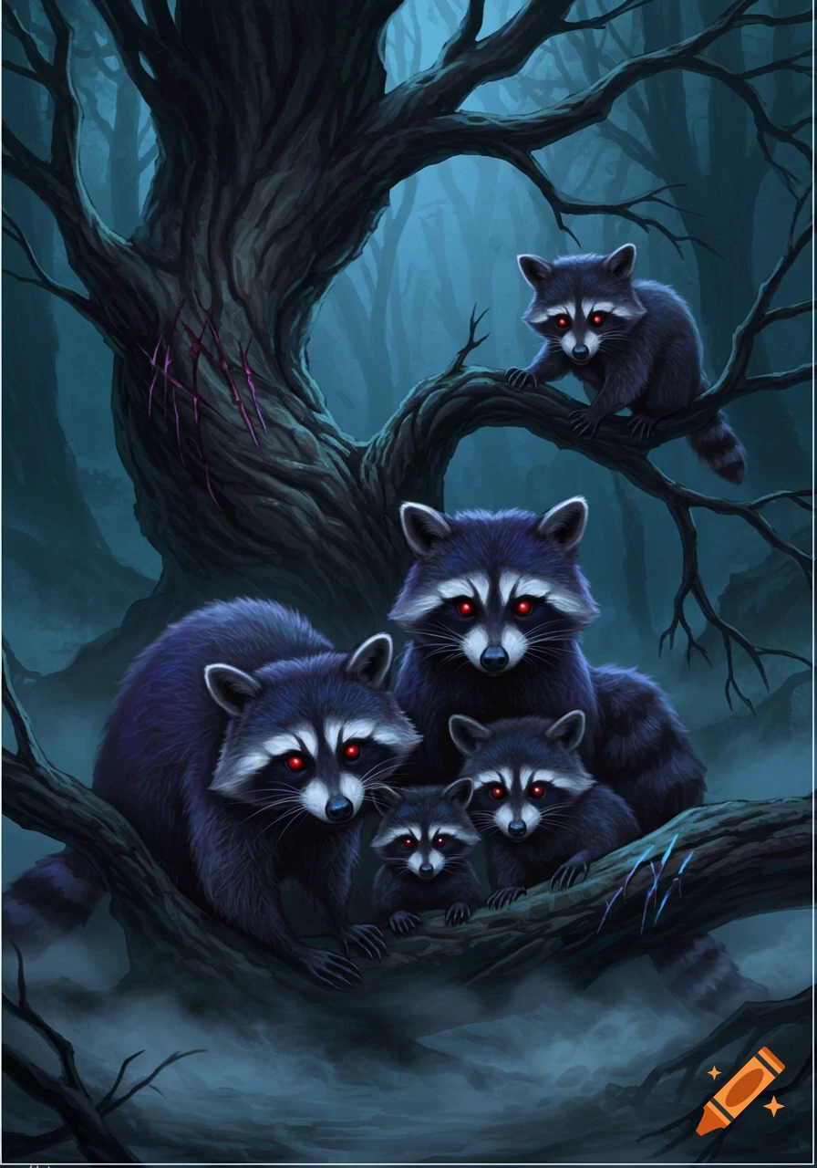 A family of dark raccoons with red glowing eyes sits on a gnarled tree in a misty, dark forest.