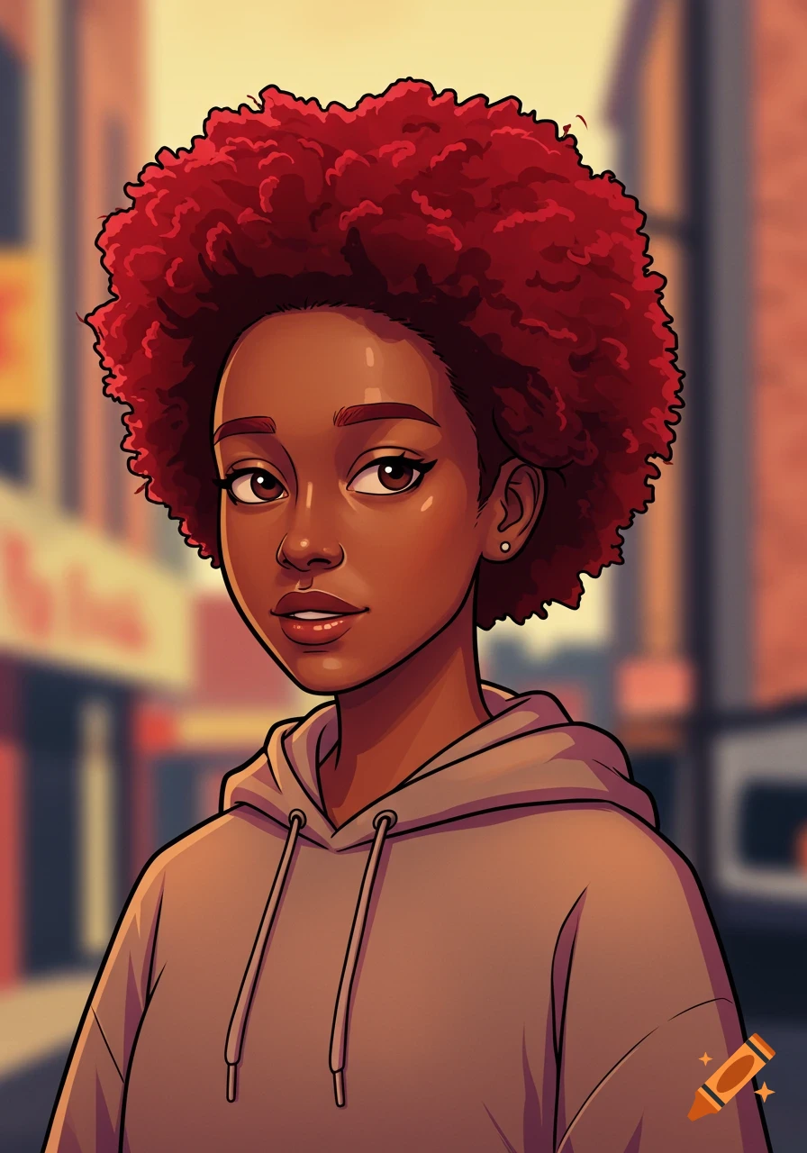 A cartoon portrait of a young Black woman with red afro hair, wearing a brown hoodie, against a blurred urban background.