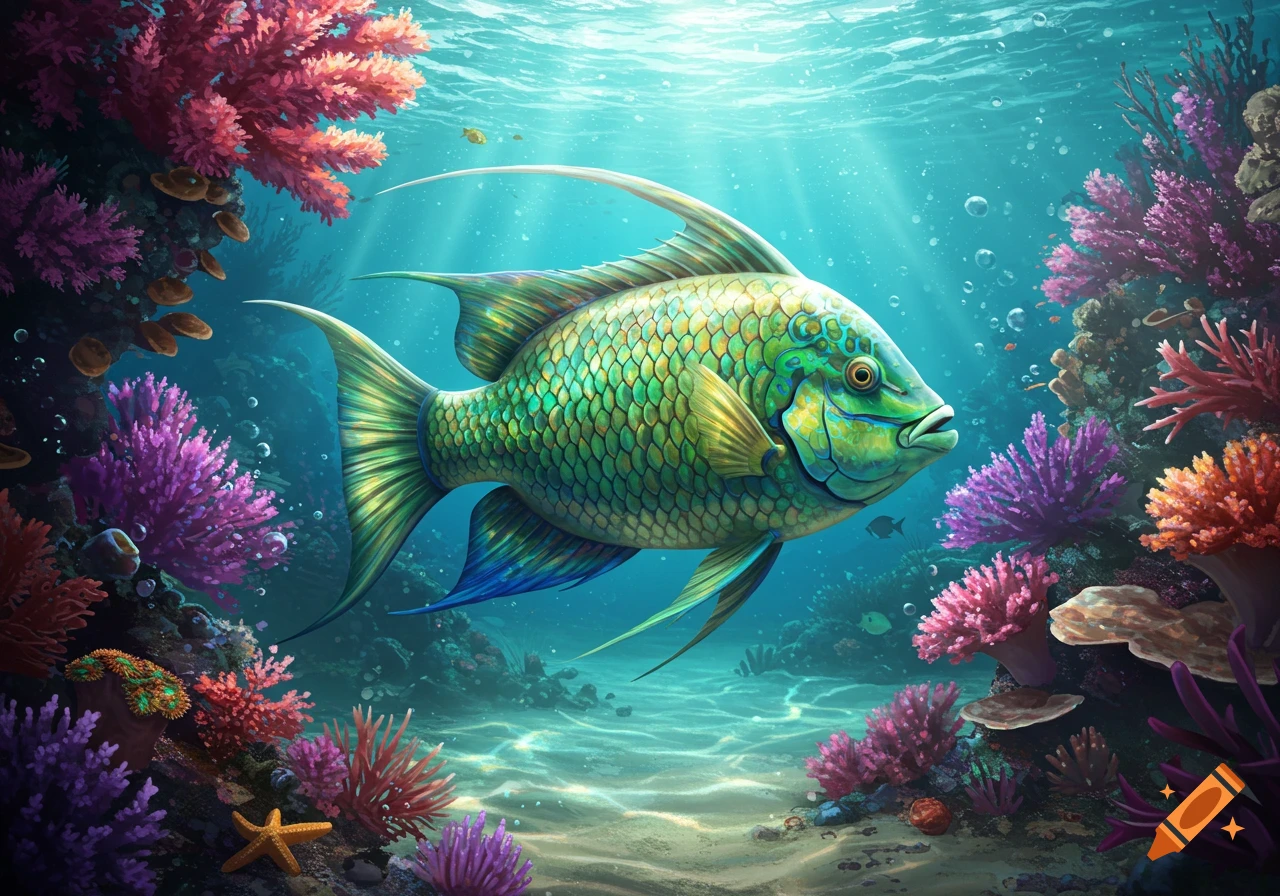A colorful green and yellow fish swims in a vibrant coral reef with purple and red coral, sunlight filtering through the water.