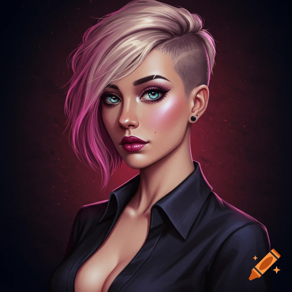 A digital art portrait of a woman with pink and blonde undercut hair, blue-green eyes, and an open dark shirt on a red background.