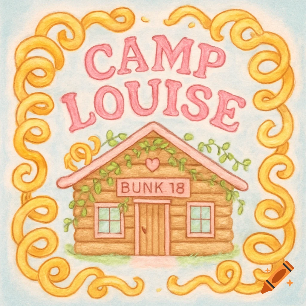 A cute, coquette-style illustration of a wooden cabin with 'CAMP LOUISE' above and 'BUNK 18' on its side, framed by golden curly shapes.