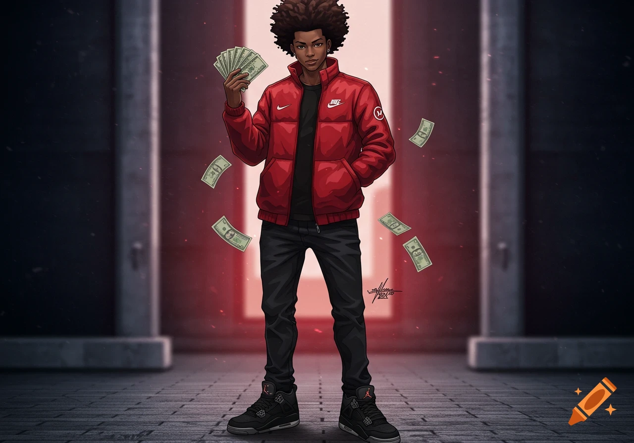 A stylized illustration of a young man with an afro, wearing a red Nike puffer jacket, black jeans, and black Jordan sneakers, holding fanned money and surrounded by floating bills.