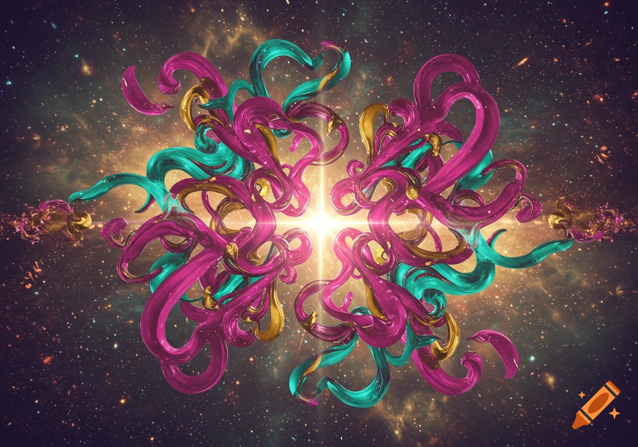 Abstract magenta, teal, and gold swirling ribbons radiate from a bright starburst against a galaxy background.