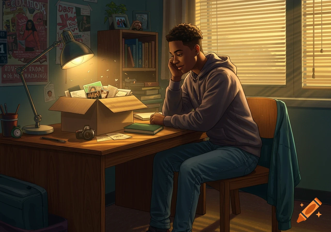 An illustration of a young man sitting at a desk in a dorm room, looking into an open box of memories, with warm light from a window.