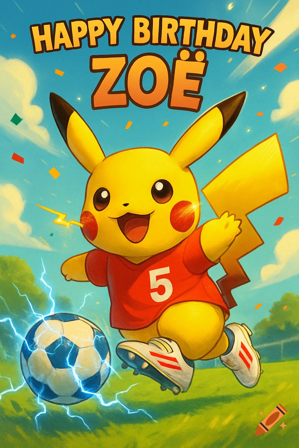 Pikachu in a red jersey with '5' kicks a lightning-charged soccer ball on a field under a blue sky, with 'HAPPY BIRTHDAY ZO ' text.