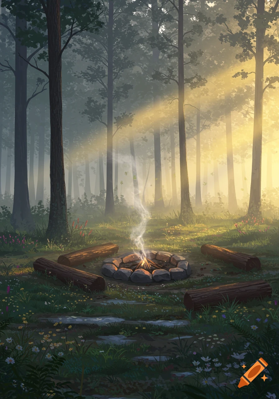 A stylized illustration of a campfire in a forest clearing, surrounded by logs, with sunlight streaming through misty trees.