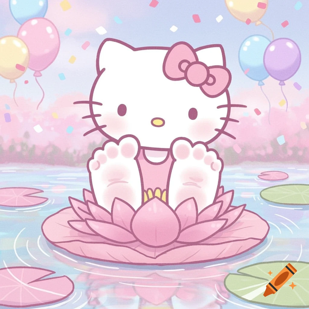 A cute cartoon illustration of Hello Kitty sitting on a pink lily pad in pastel water, showing her bare feet. Colorful balloons and confetti are in the background.