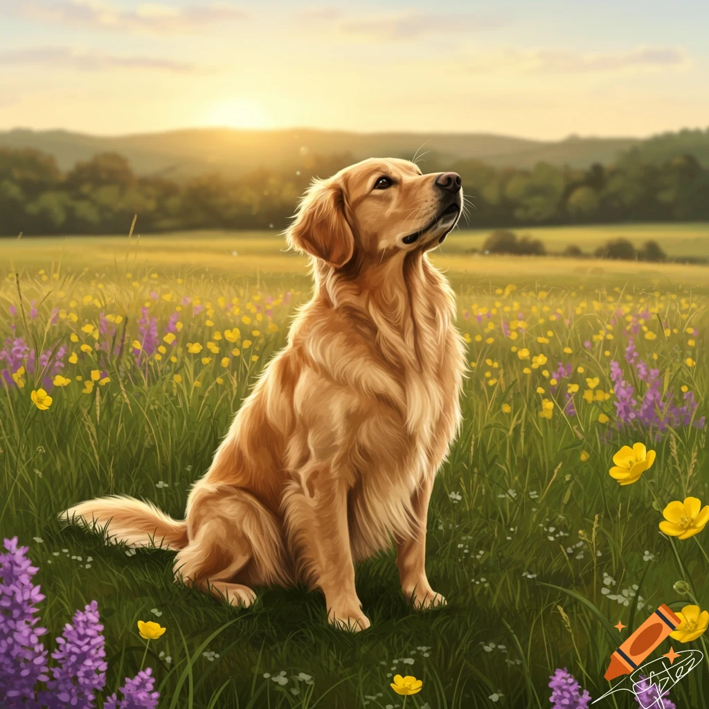 A Golden Retriever dog sitting in a field of yellow and purple wildflowers at sunset.