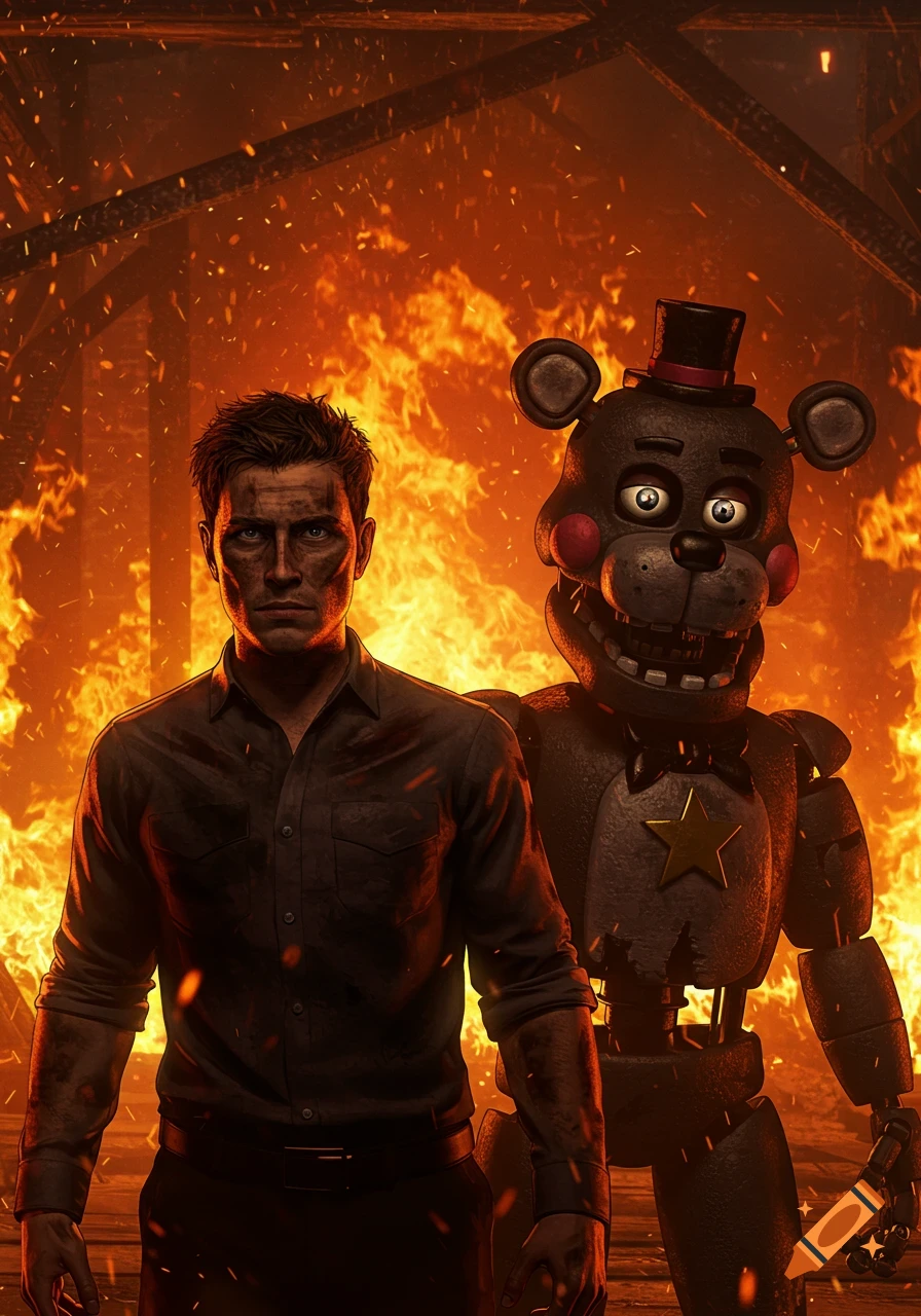 A man and an animatronic bear stand in a burning building, looking intently at the camera in a dramatic, photorealistic style.