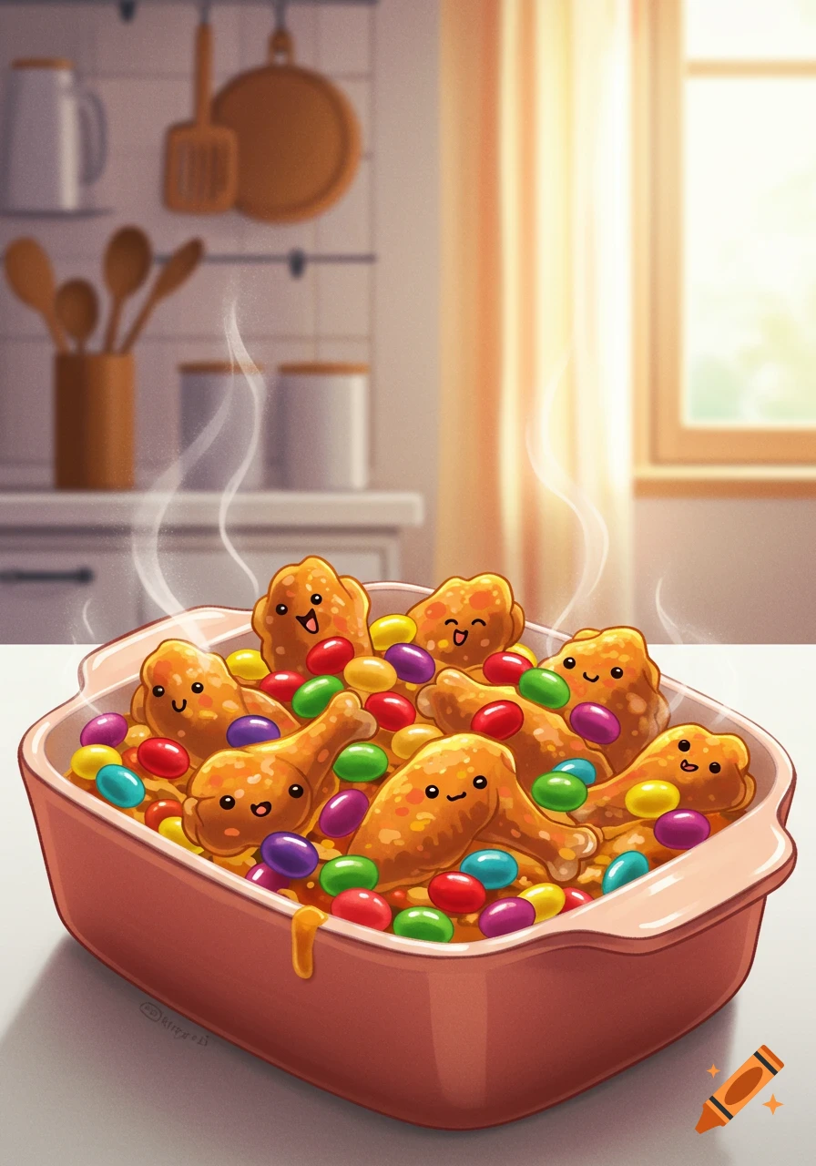 A casserole dish filled with happy cartoon chicken wings and colorful jelly beans, steaming in a sunlit kitchen.