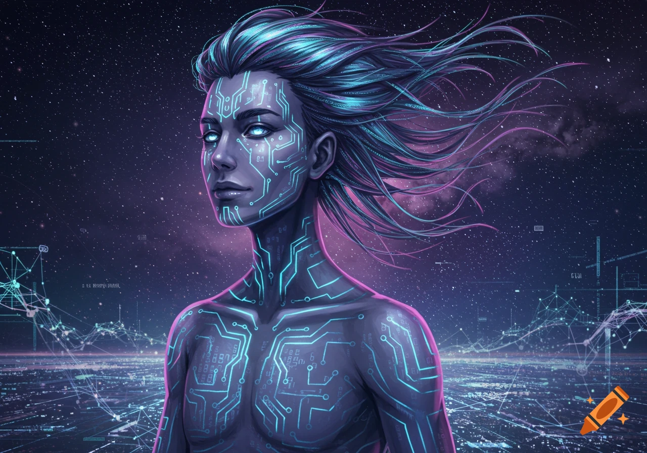 A futuristic character with glowing blue circuit patterns on their skin and hair, against a starry sky and digital cityscape.
