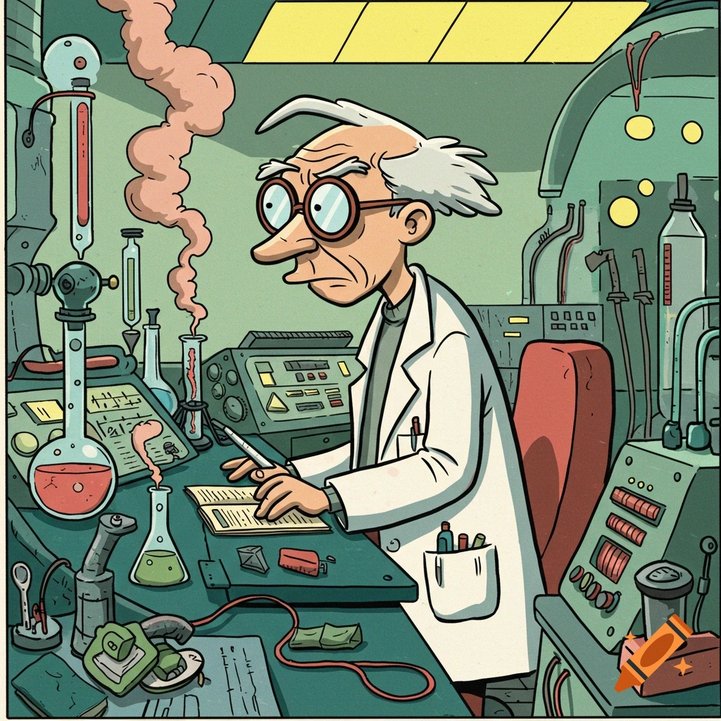 An old scientist resembling Professor Farnsworth works in a cluttered lab with smoking beakers and machinery, in a comic book style.