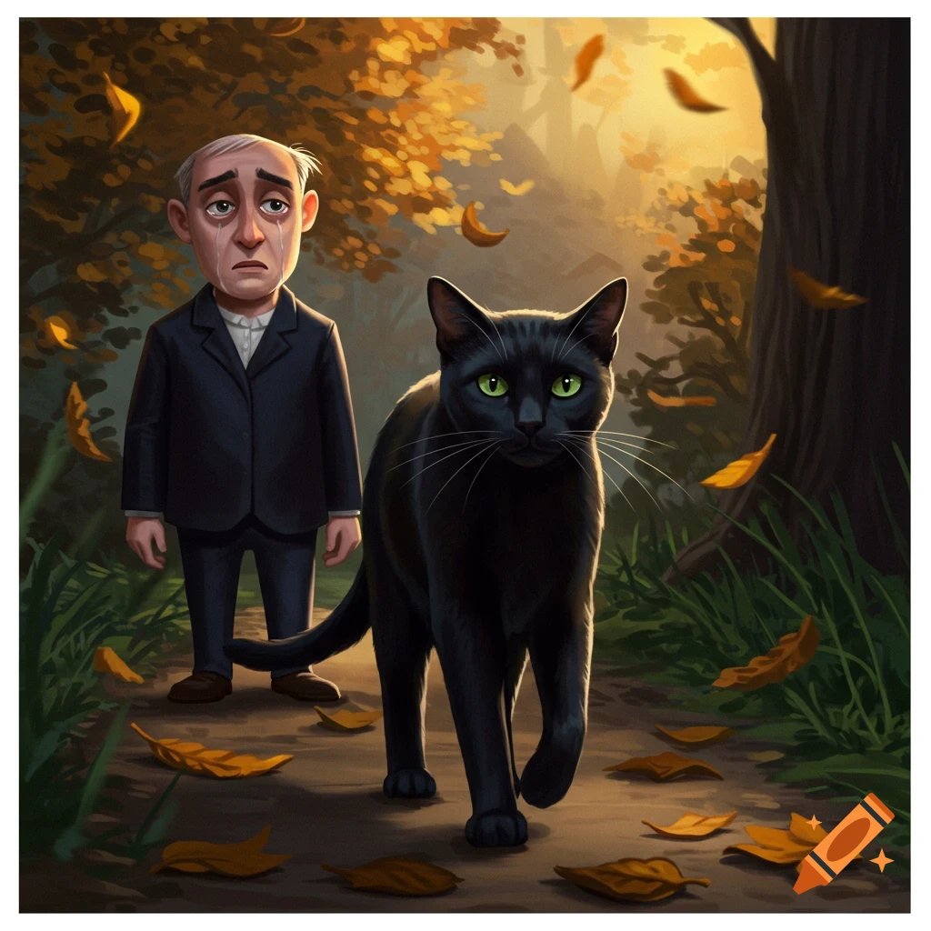 A stylized illustration of a crying man in a suit walking behind a black cat with green eyes on an autumn path with falling leaves.
