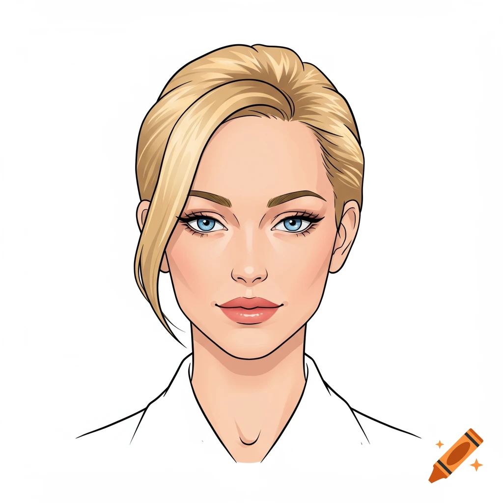 Minimalist clip art illustration of a blonde woman with blue eyes, professional headshot style.