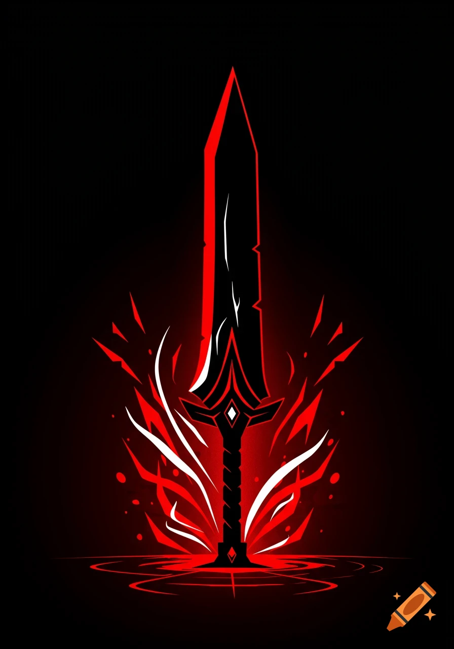 A stylized broadsword, black with red glowing edges and a red hilt, surrounded by red and white energy streaks, against a black background.