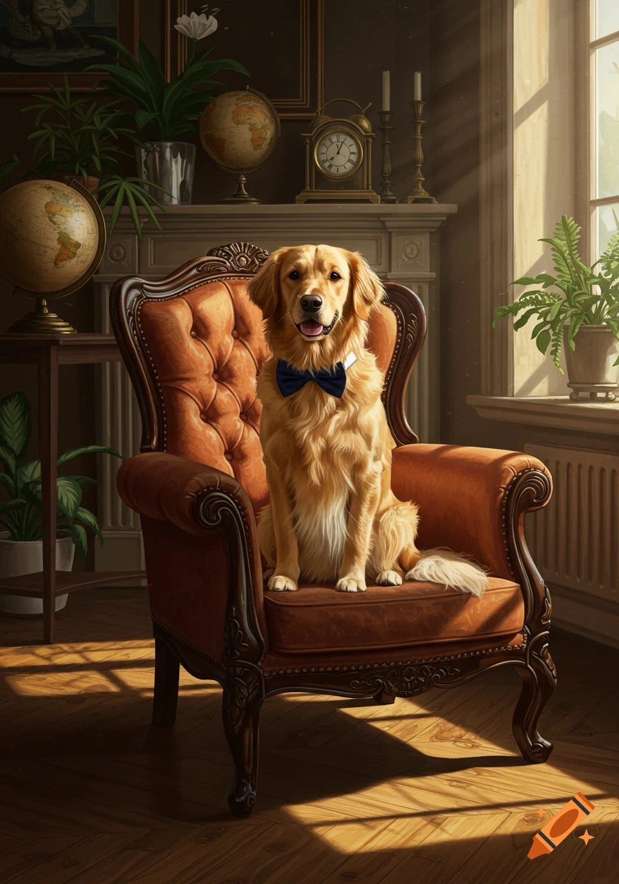 A photorealistic golden retriever dog wearing a blue bow tie sits regally in a brown leather armchair in a sunny, decorated room.