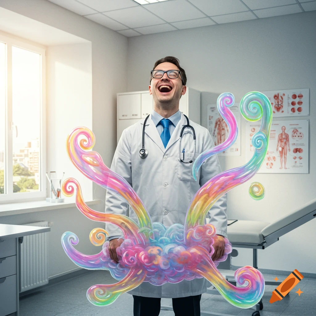A laughing male doctor in a white lab coat stands in a medical examination room, with a large, colorful, swirling cloud of gas around him.