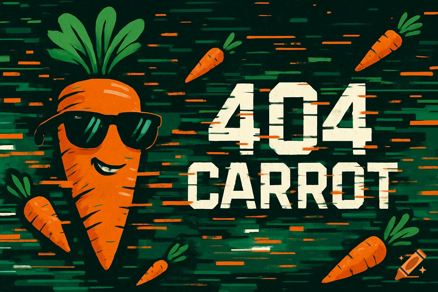 A cool cartoon carrot wearing sunglasses, with the text "404 CARROT" on a dark background with green and orange horizontal lines, and smaller carrots.