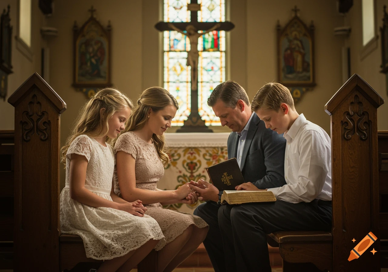 Photorealistic image of a family praying in a church pew. A father, mother, daughter, and son are seated, looking at a Bible. A crucifix is in the background.