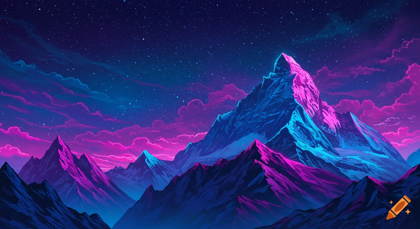 A vibrant, stylized landscape featuring mountains illuminated with neon pink and blue light under a dark, starry sky with purple and blue clouds.
