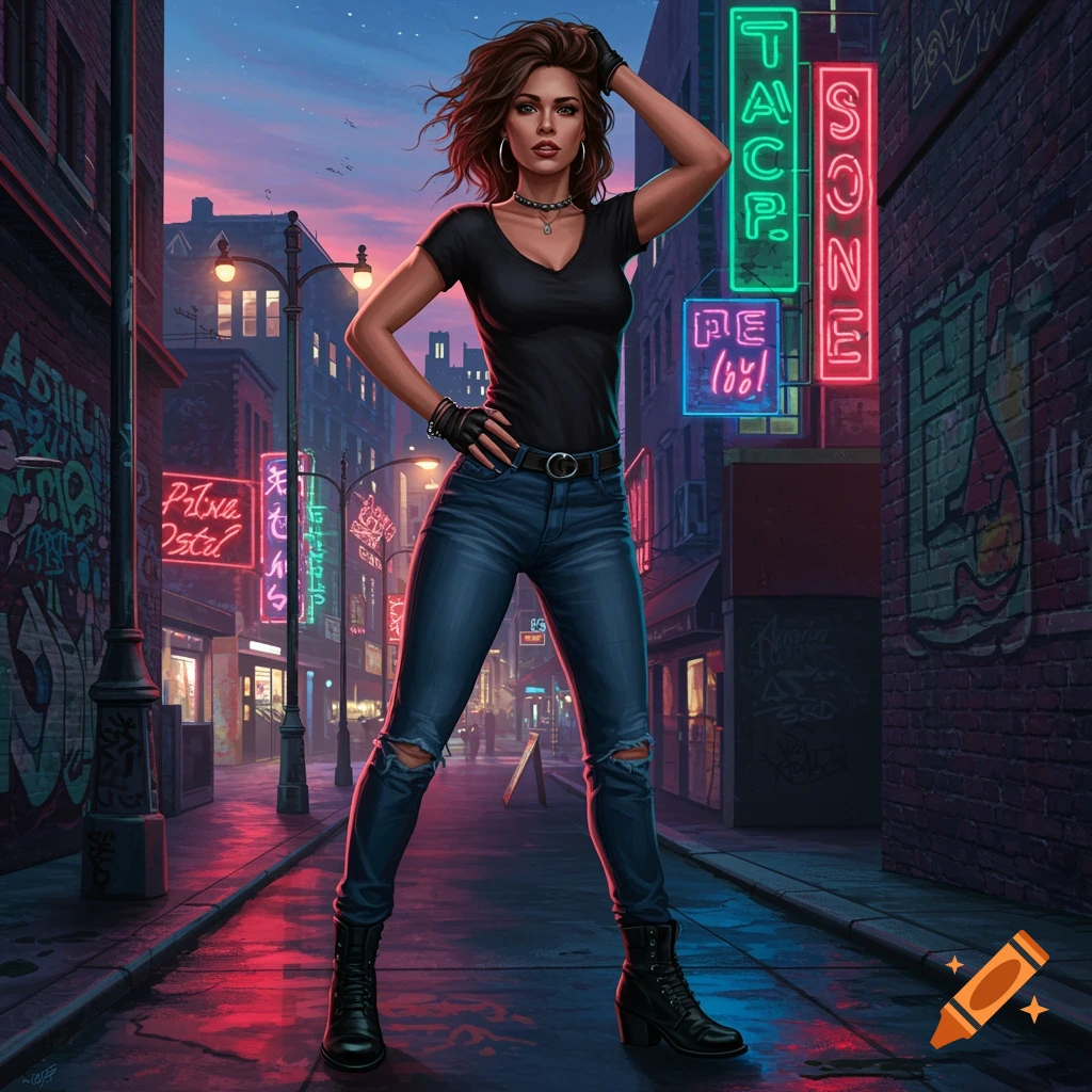 A woman with brown hair in a black t-shirt, ripped jeans, and boots poses in a neon-lit city alley at dusk, with graffiti on brick walls.
