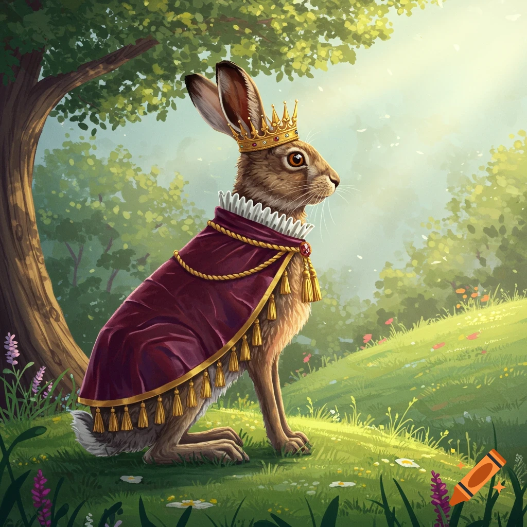 A fairytale illustration of a regal hare wearing a golden crown and a red cape with gold trim, sitting in a lush green forest.
