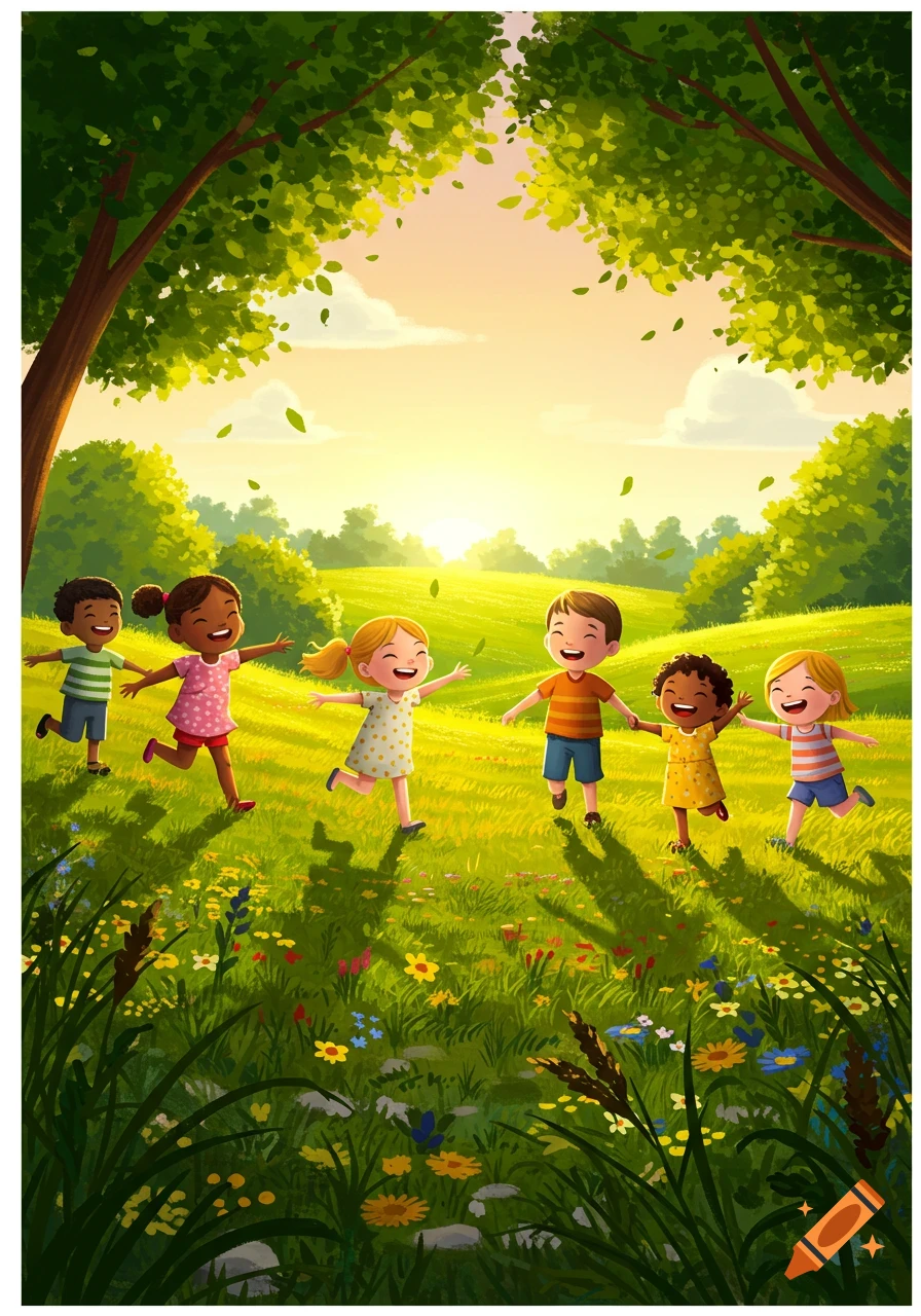 Vibrant illustration of six diverse children joyfully running through a sunlit green field with trees and wildflowers.