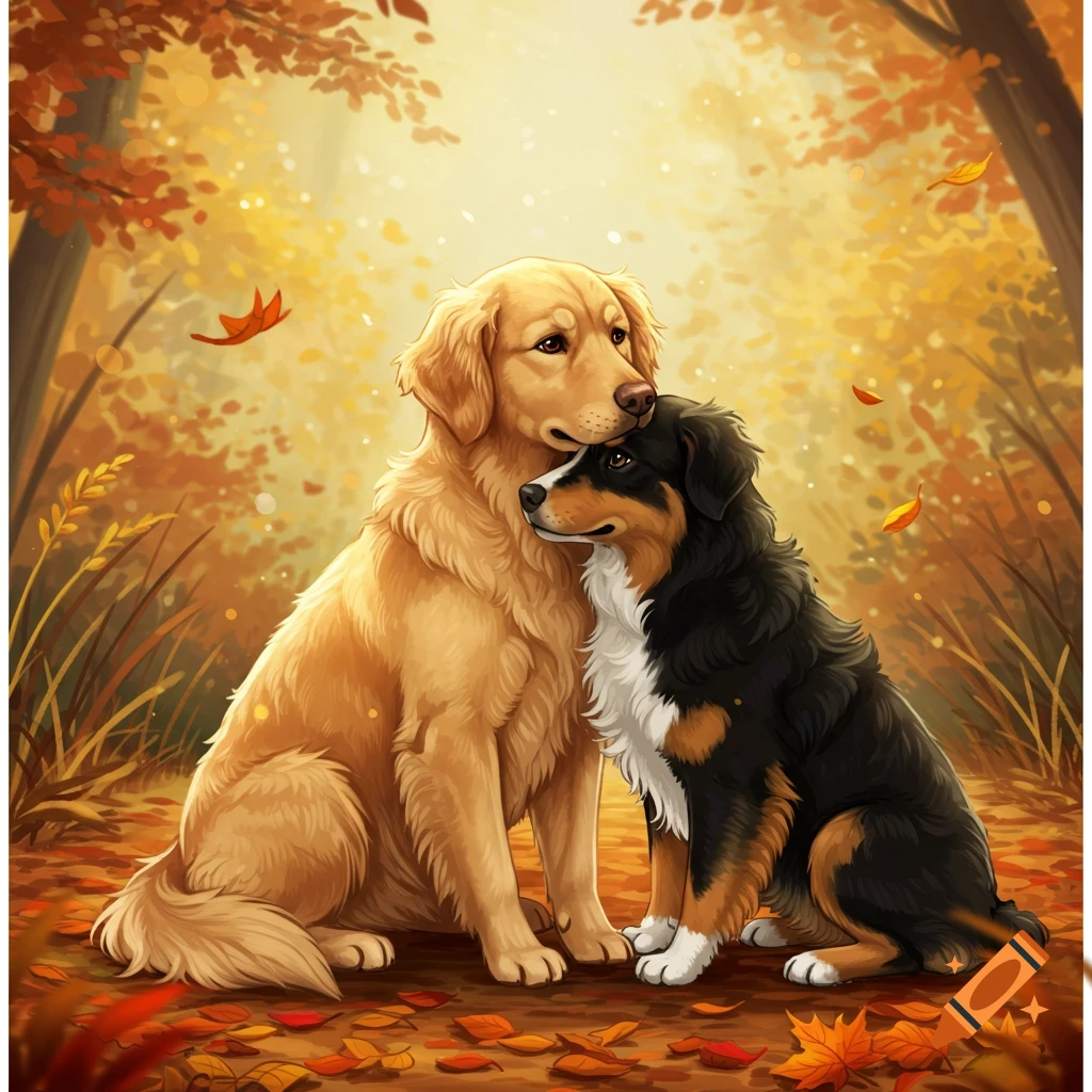 An illustration of a golden retriever and a black tri-color mini Aussie dog sitting close in an autumn forest.