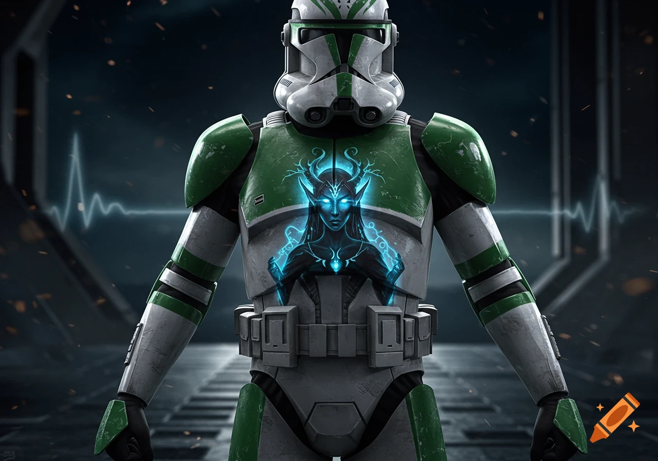 A detailed render of a green and white clone trooper with a glowing blue dark elf design on its chest armor.