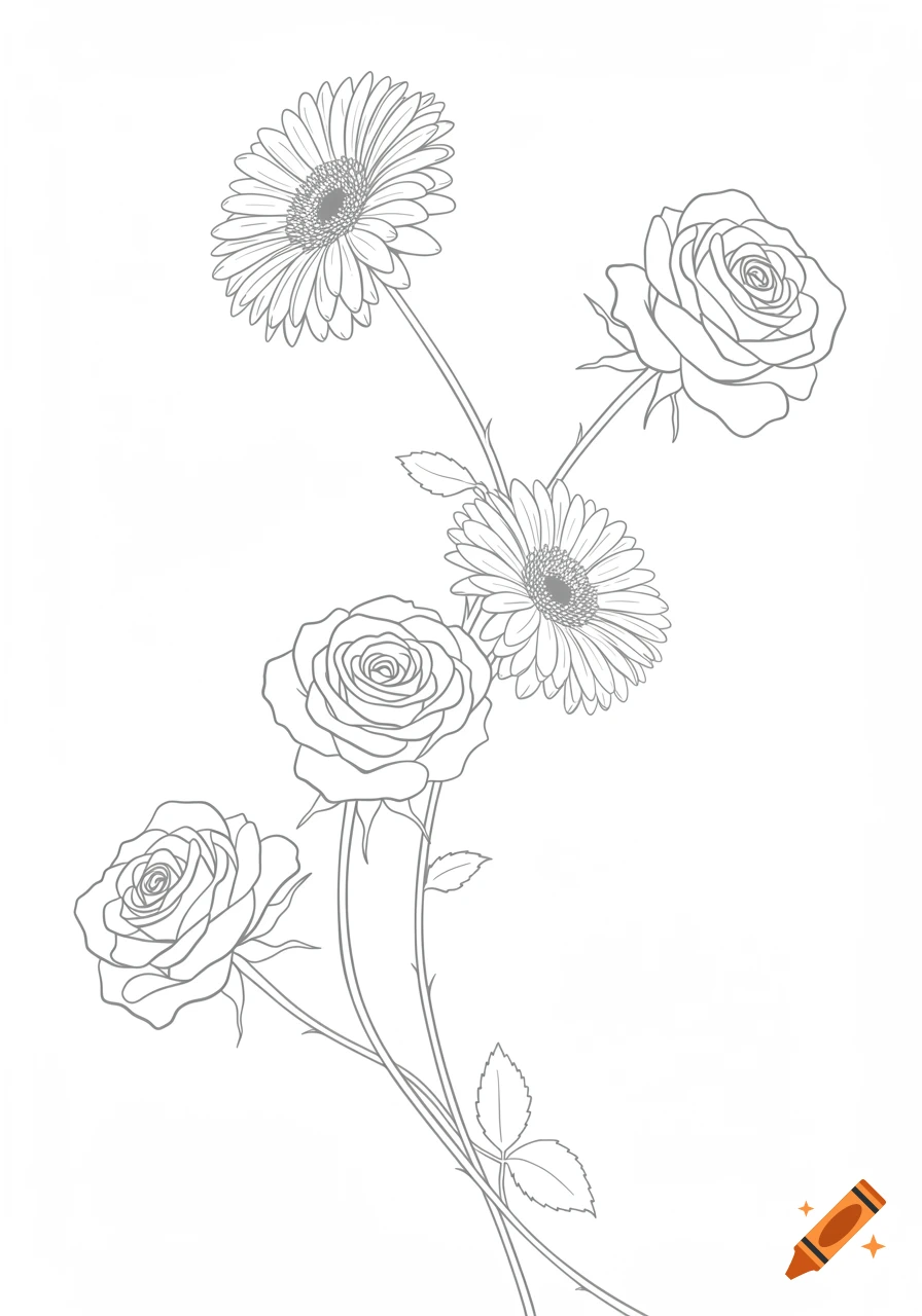 Minimalistic fine line drawing of intertwined roses and gerbera flowers on a white background.