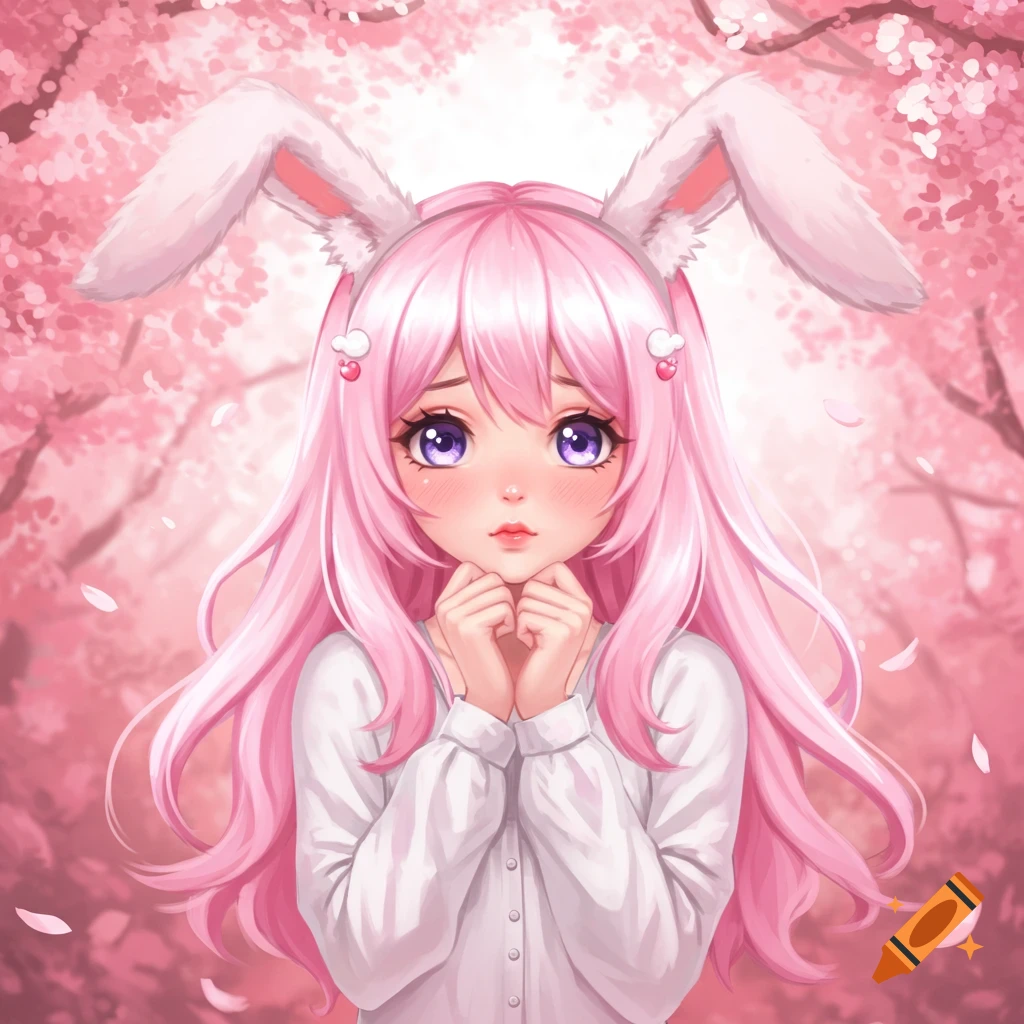 Pink-haired anime girl with bunny ears, shy expression, in a cherry blossom garden.