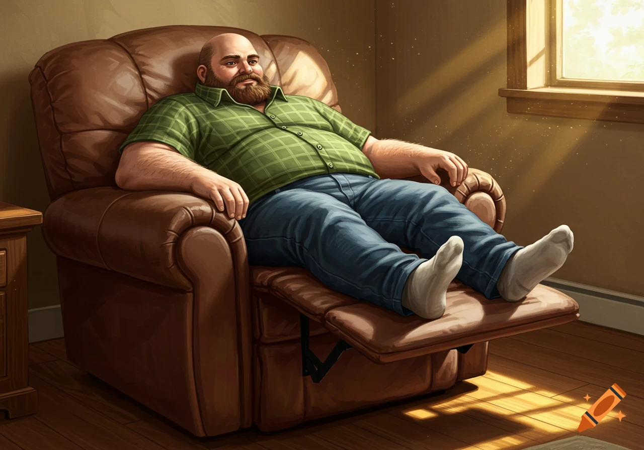 A bald, bearded man in a plaid shirt and jeans relaxes in a brown recliner, with sunlight streaming through a window.