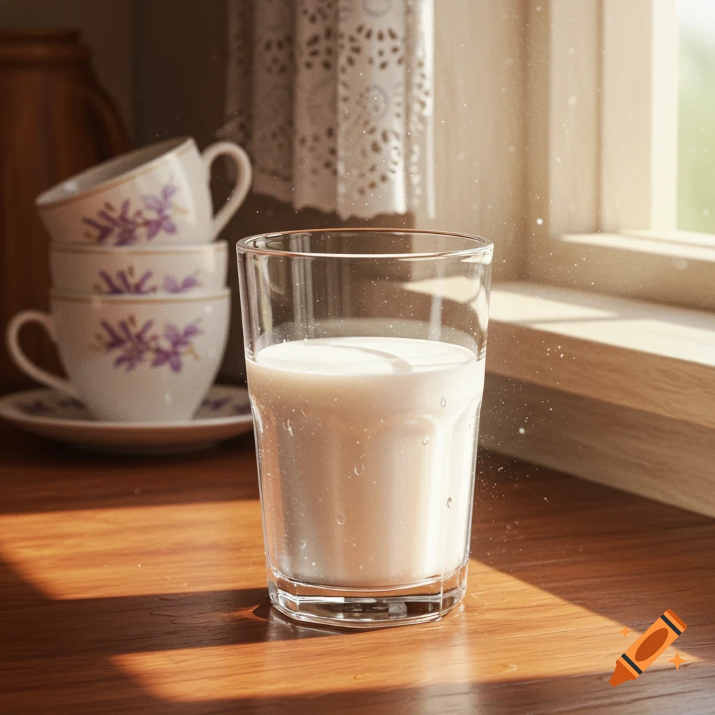 A photorealistic image of a glass of milk on a wooden table, illuminated by sunlight from a window, with stacked teacups in the background.