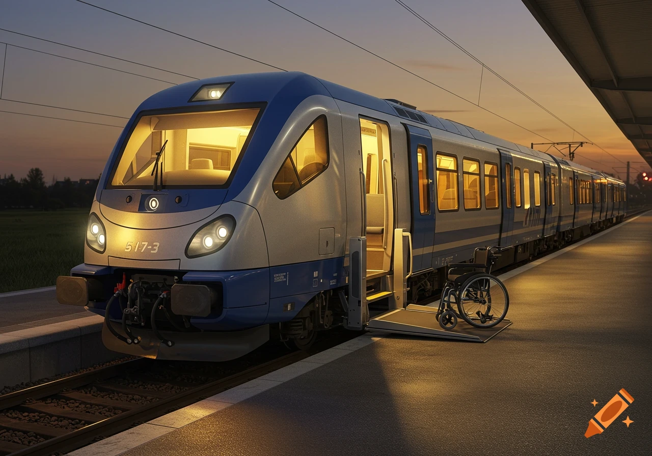 A modern blue and silver train with an open door and wheelchair ramp, a wheelchair parked on the platform at dusk.