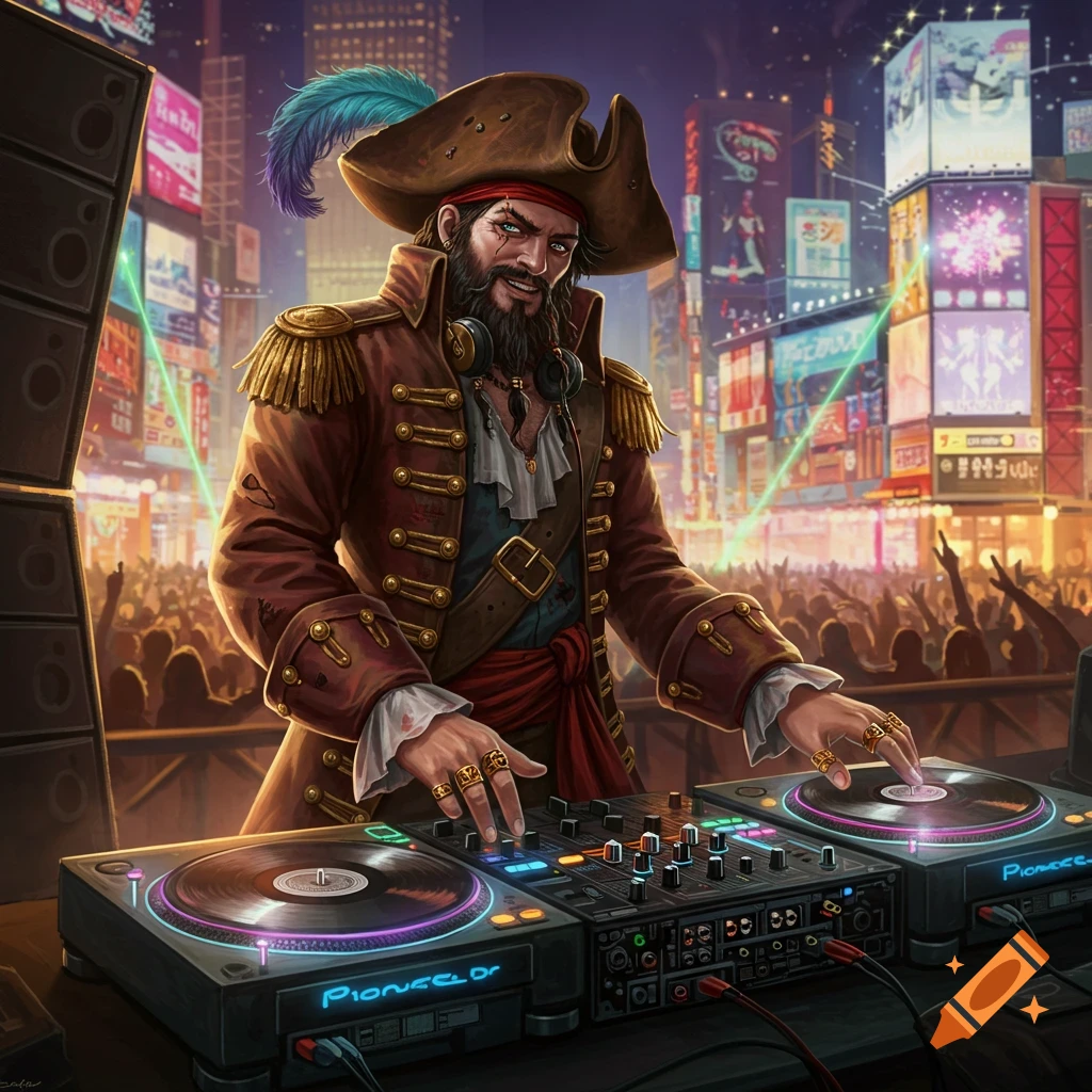 A pirate DJ in a brown coat and tricorne hat with a feather stands behind turntables, performing for a crowd in a neon-lit Tokyo cityscape at night.