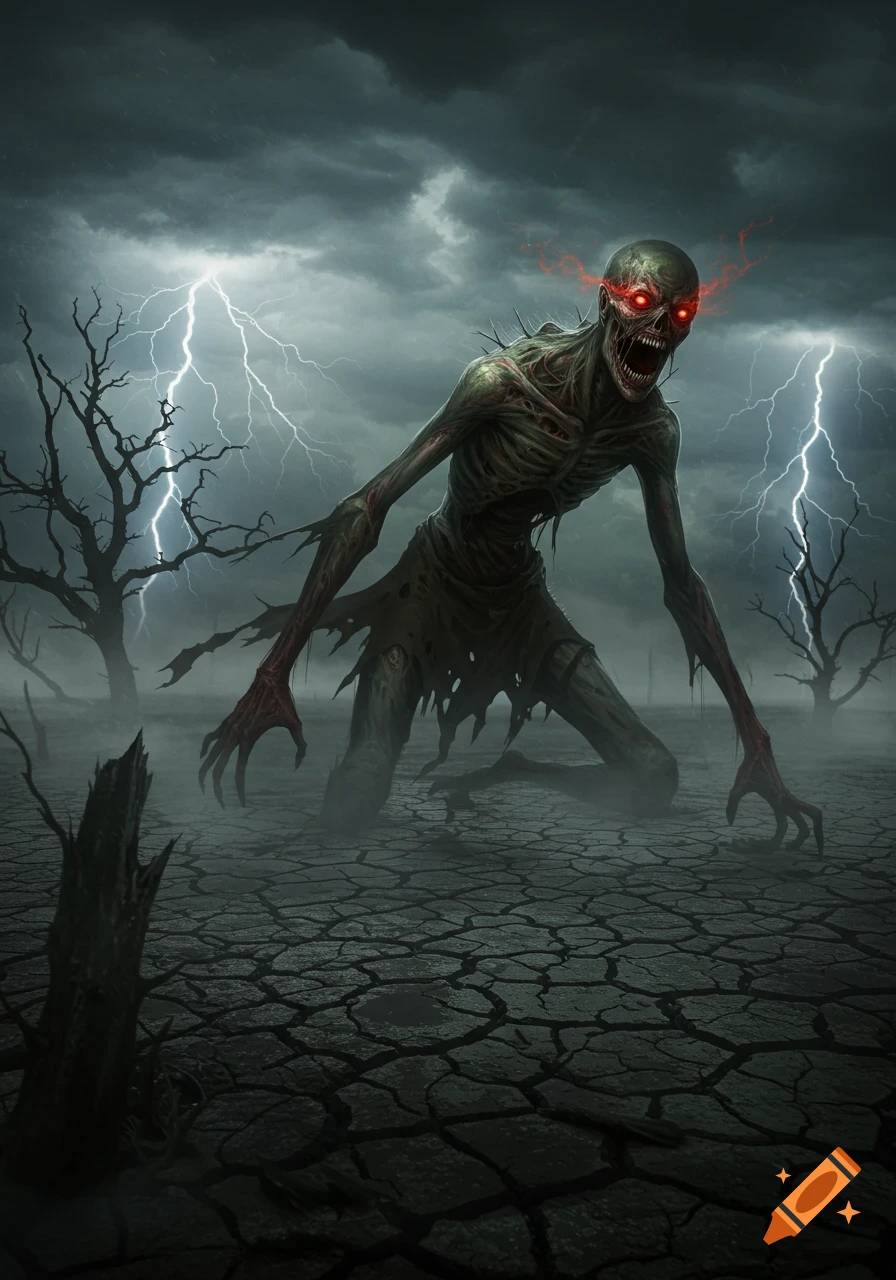 A terrifying, emaciated monster with glowing red eyes stands on cracked earth under a stormy sky with lightning.