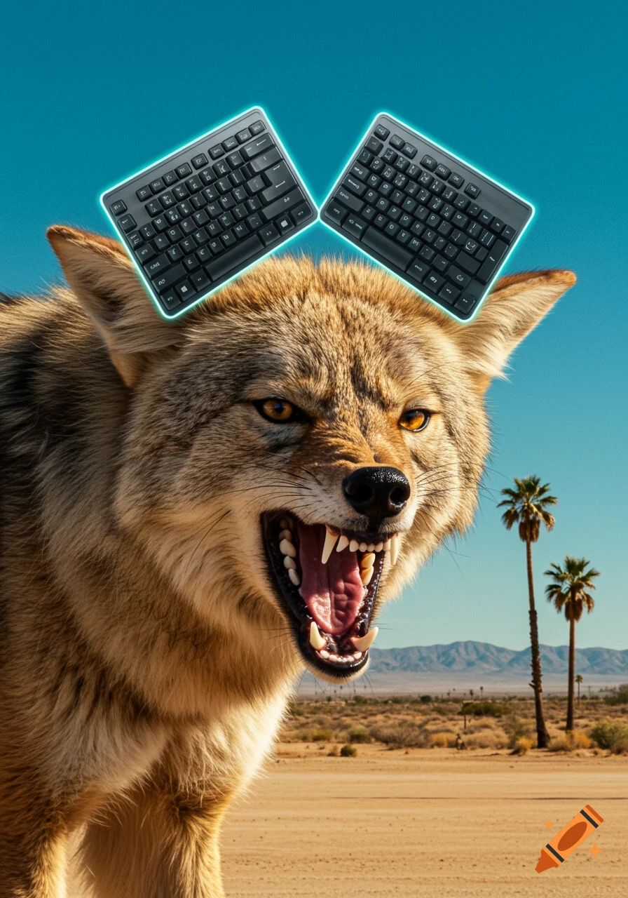 An angry, snarling coyote with glowing computer keyboards floating above its head in a desert landscape with palm trees.